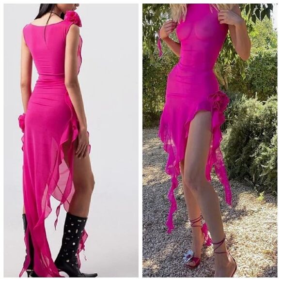 Women 3D Flower Irregular Ruffle Dress Y2k Sleeveless Split Long Dress LARGE - Picture 8 of 16